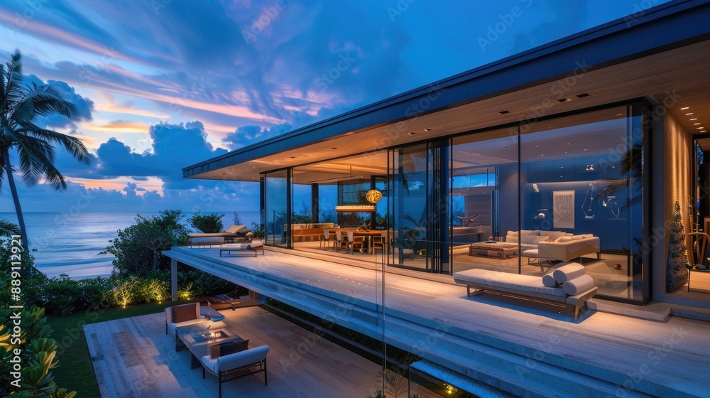 A contemporary beachfront villa with glass walls, an outdoor lounge area, and uninterrupted views of the ocean horizon A contemporary beachfront villa with glass walls, an outdoor lounge area, and uninterrupted views of the ocean horizon