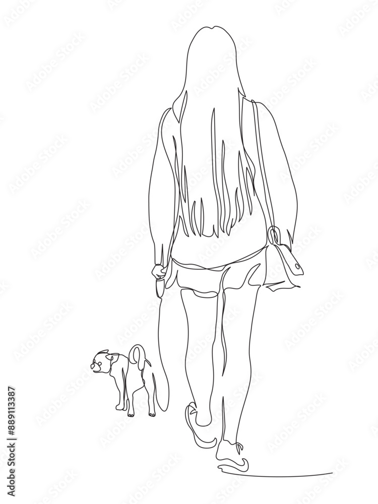 Young woman with small dog walking away. Wear shorts. Back view. Continuous line drawing. Black and white vector illustration in line art style. Young woman with small dog walking away. Wear shorts. Back view. Continuous line drawing. Black and white vector illustration in line art style.