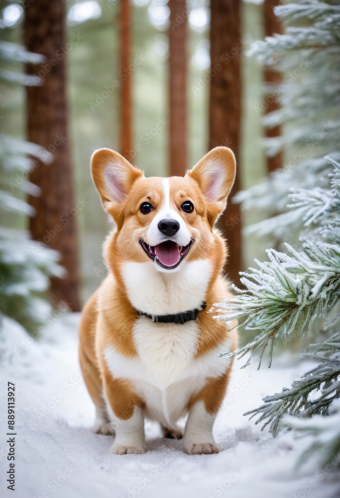 Pembroke Welsh Corgi exploring a snowy forest with pine trees covered in frost Pembroke Welsh Corgi exploring a snowy forest with pine trees covered in frost