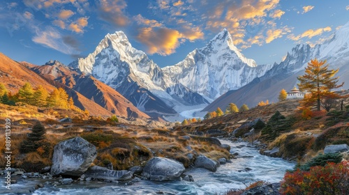 A mountain range with a river running through it. The mountains are covered in snow and the river is clear and calm. The sky is blue and there are some clouds. The scene is peaceful and serene