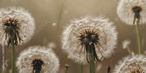 A tranquil and minimalist dandelion fluff background in a vertical format, featuring soft beige tones perfect for creating serene and stylish social media posts with a natural aesthetic. AI generated. photo