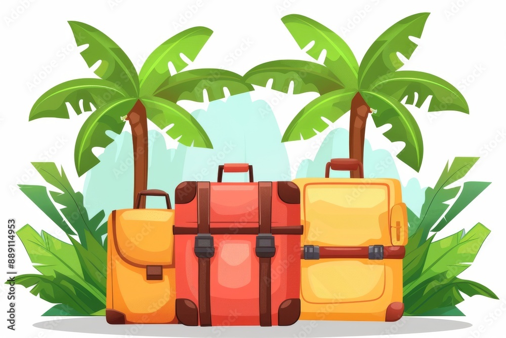 Fototapeta premium Tropical travel bags under palm trees capturing a vibrant and adventurous vacation vibe