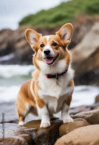 Pembroke Welsh Corgi standing on a rocky coastline with waves crashing against the shore