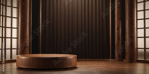 Brown cylindric wooden podium for product presentation, brown cloth on background. AI generated. photo