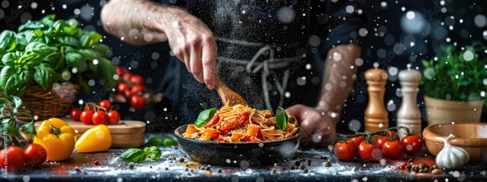 A chef is cooking a dish with a lot of vegetables, including tomatoes, peppers, and basil A chef is cooking a dish with a lot of vegetables, including tomatoes, peppers, and basil