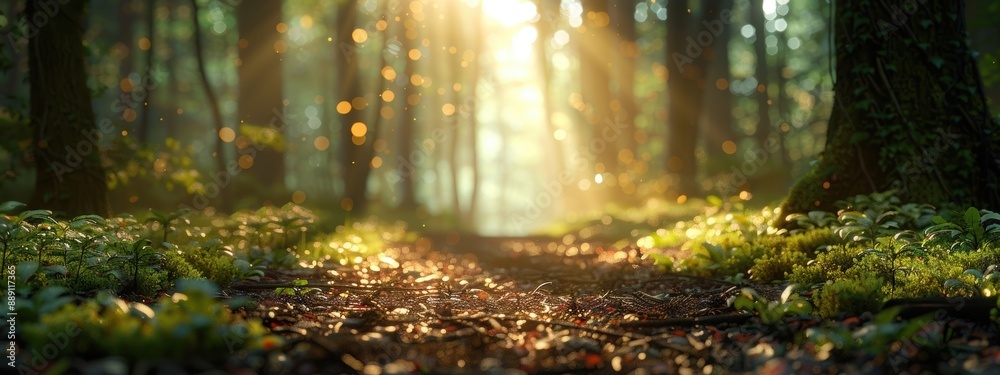 Obraz premium A forest path is illuminated by the sun, creating a warm and inviting atmosphere. The sunlight filters through the trees, casting a soft glow on the ground. The scene is peaceful and serene