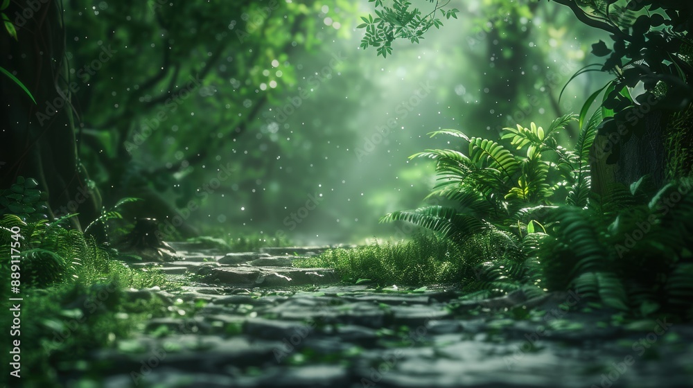 A forest path with a stone walkway and a lush green canopy. The sunlight is shining through the trees, creating a serene and peaceful atmosphere