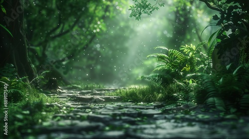 A forest path with a stone walkway and a lush green canopy. The sunlight is shining through the trees, creating a serene and peaceful atmosphere