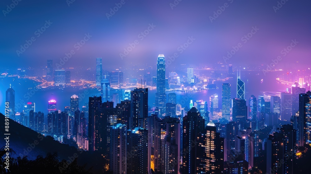 Fototapeta premium A city skyline at night with a purple hue. The city is lit up with lights and the sky is cloudy