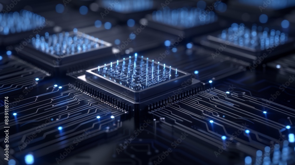 Futuristic microchip design with blue lights, illustrating advanced technology in modern electronics and computing.