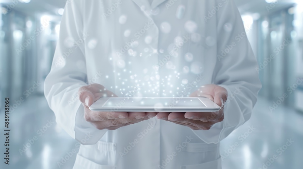 Doctor holding digital tablet with medical data and holographic interface in modern hospital. Concept of healthcare technology and innovation. Doctor holding digital tablet with medical data and holographic interface in modern hospital. Concept of healthcare technology and innovation.