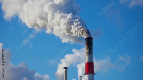 Thick CO2 smoke rising from the chimney of an industrial power plant illustrates the problem of atmospheric pollution and carbon dioxide emissions resulting from the burning of fossil fuels.