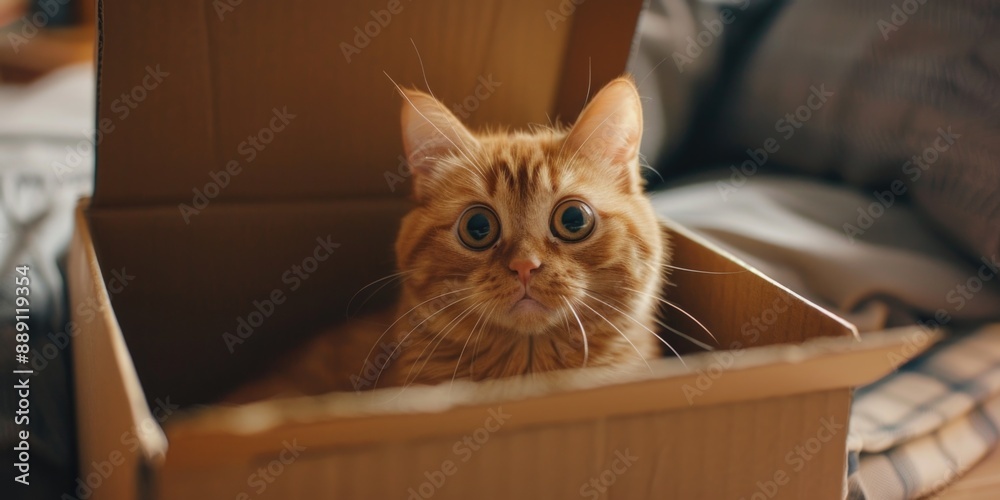 A domestic cat sits inside a cardboard box on a bed, surrounded by soft bedding