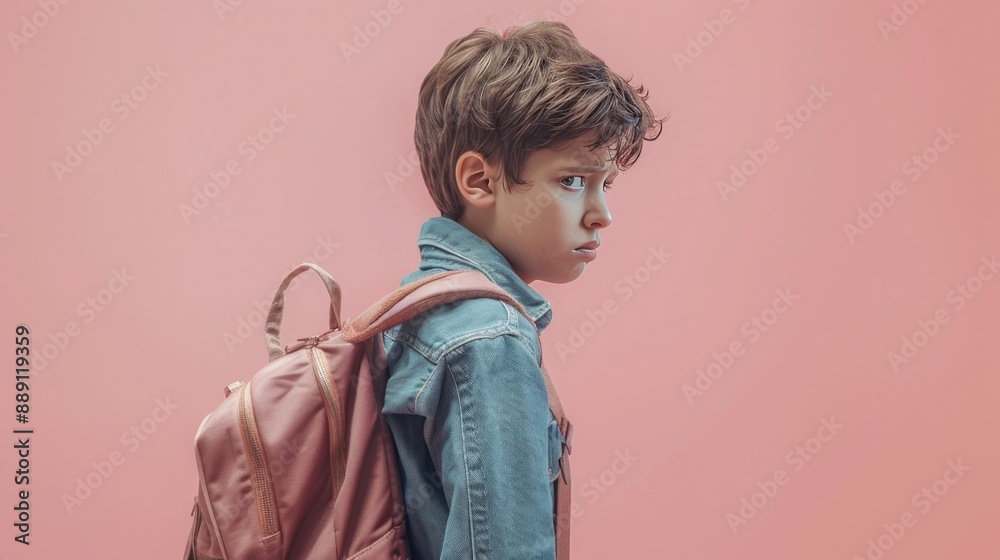 A boy with a schoolbag, blank pastel background A boy with a schoolbag, blank pastel background