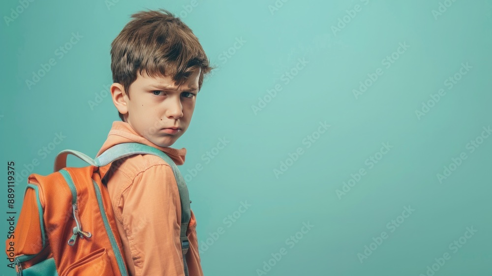 A boy with a schoolbag, blank pastel background A boy with a schoolbag, blank pastel background