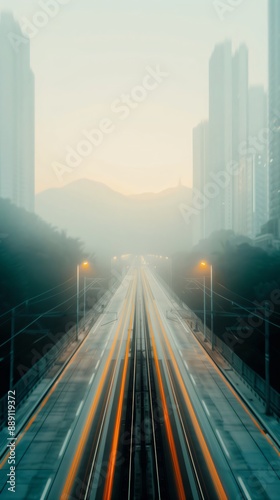 Mesmerizing light trails on a foggy highway at twilight, capturing urban life with a moody, atmospheric feel. Long exposure shot emphasizes motion blur, conveying a journey through the cityscape