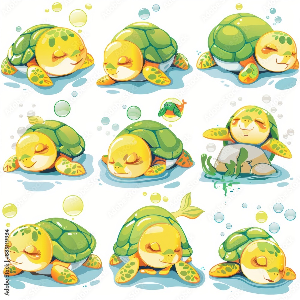 Fototapeta premium A series of cartoon turtles in various poses, including one sleeping. The turtles are all different sizes and colors, but they all have a similar expression of relaxation and contentment