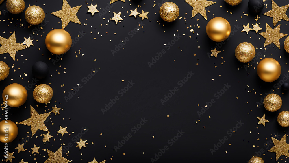 Top view celebrate moment scene adorned gold balls, golden particles sprinkles, stars confetti on black background. free space composition Top view celebrate moment scene adorned gold balls, golden particles sprinkles, stars confetti on black background. free space composition