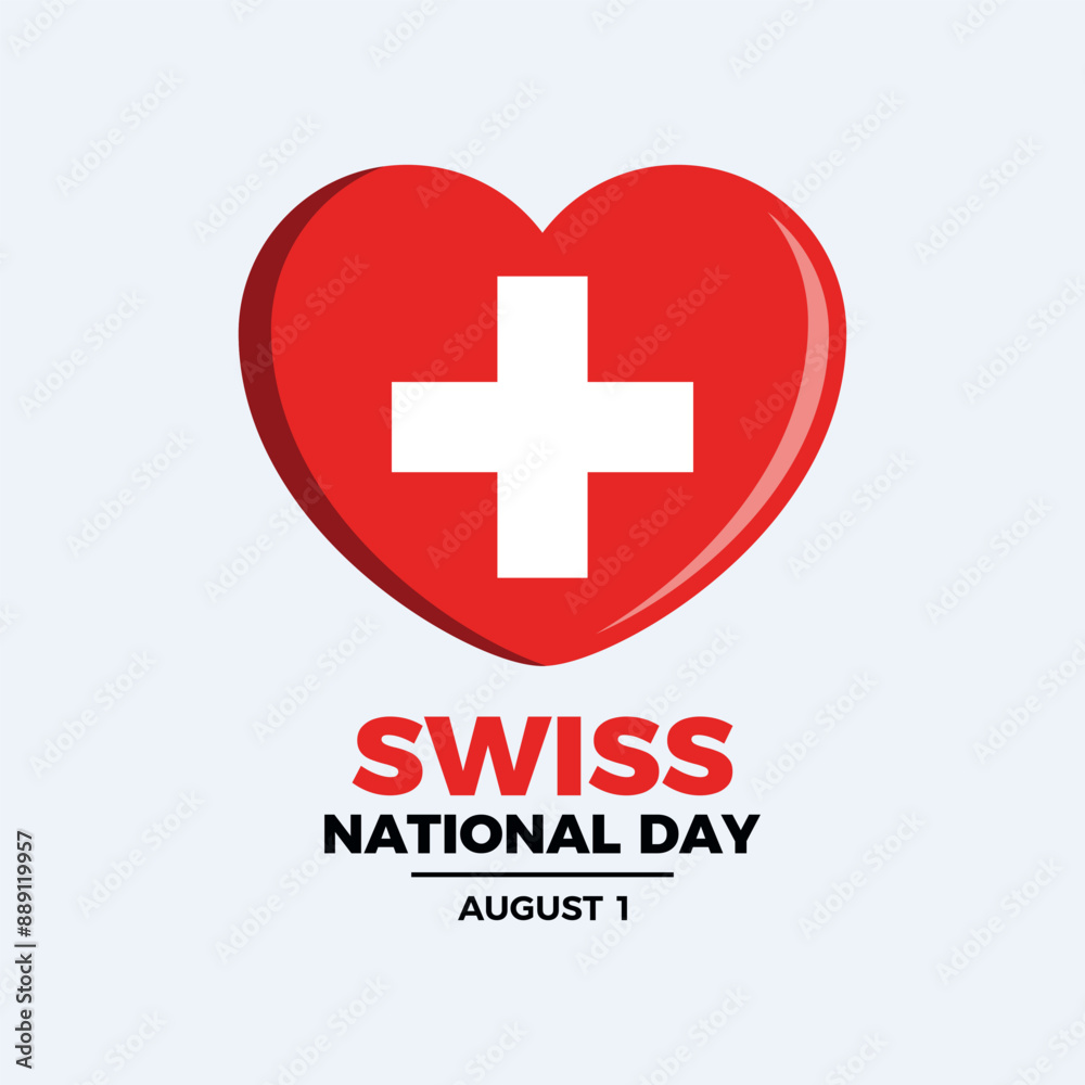 Fototapeta premium Swiss National Day poster vector illustration. Switzerland flag in heart shape icon on a gray background. Swiss flag love symbol. Template for background, banner, card. August 1. Important day