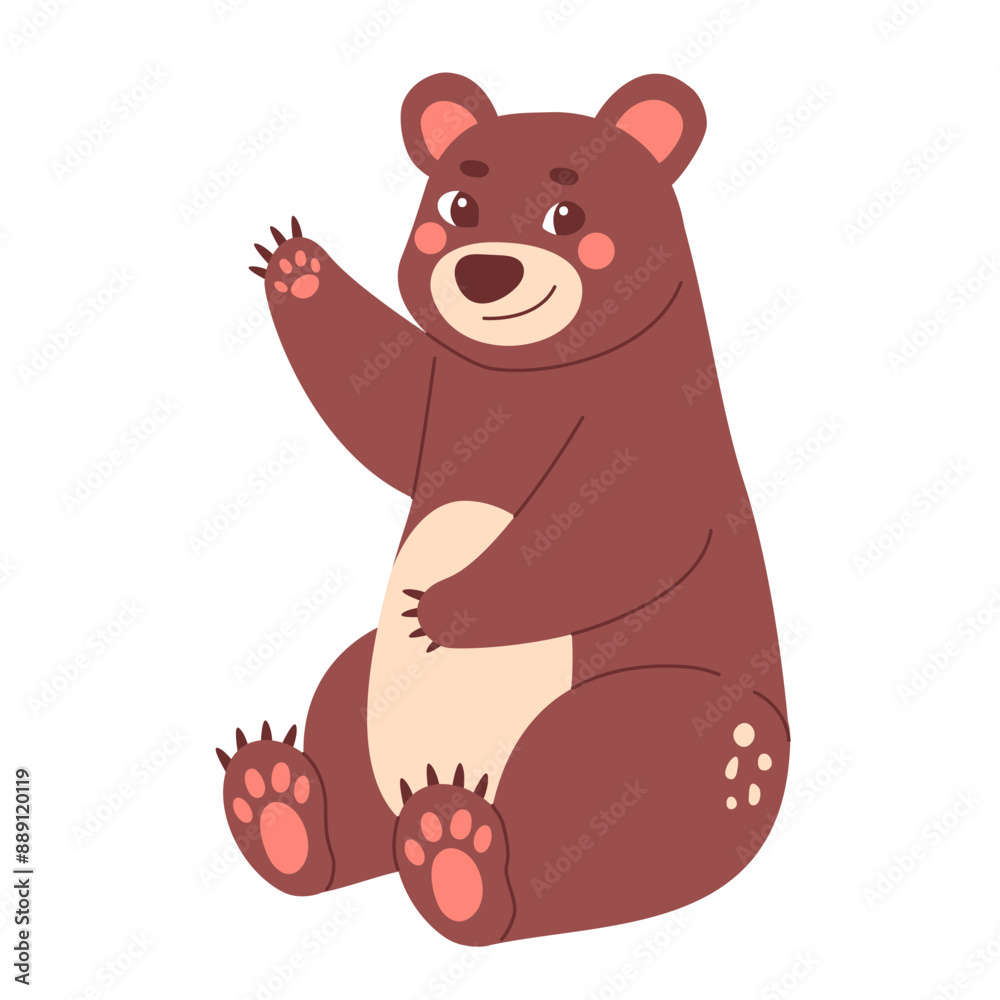 Fototapeta premium Childrens cute character. Funny bear waves hand. Forest animal.