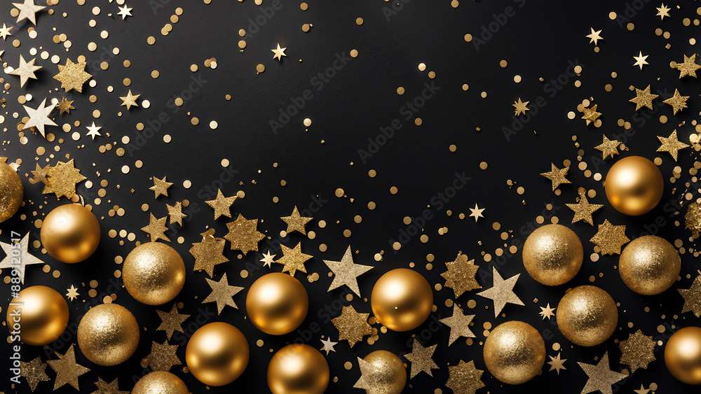 Top view of celebrate moment background adorned golden particles sprinkles, stars confetti, gold balls on black color scene. free space for creative design Top view of celebrate moment background adorned golden particles sprinkles, stars confetti, gold balls on black color scene. free space for creative design