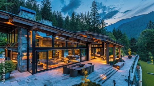 A contemporary mountain retreat with a glass facade, wooden beams, and a large patio with views of the surrounding forest
