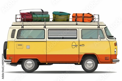 Vintage camper van with luggage on top evoking a sense of adventure and retro travel