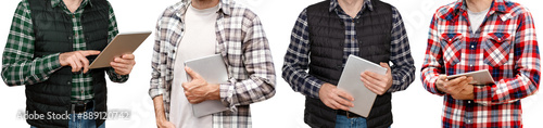 Set of cropped portraits of workers with digital tablet in hands, isolated on white background. (the same person wearing different outfits)