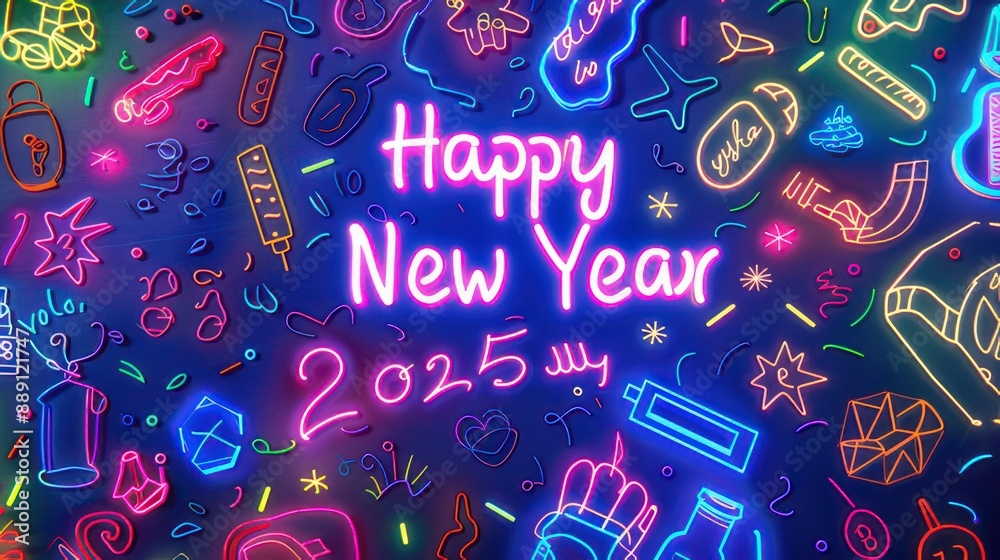 Happy New Year 2025 Neon Doodles Happy New Year 2025 Neon Doodles