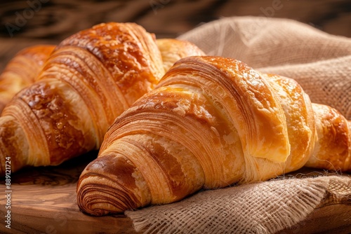 Appetizing croissants on wooden table close-up. Beautiful simple AI generated image in 4K, unique.