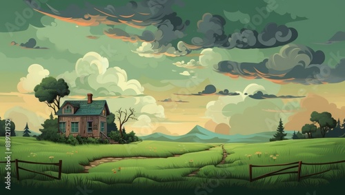 Illustration of a rundown old house situated in a lush green field, surrounded by nature, under an overcast sky. Perfect for showcasing abandonment and decay themes