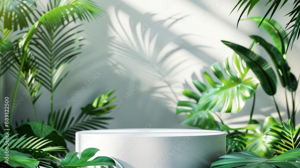 Minimalist White Pedestal Surrounded by Lush Green Tropical Plants in Sunlit Indoor Setting Minimalist White Pedestal Surrounded by Lush Green Tropical Plants in Sunlit Indoor Setting