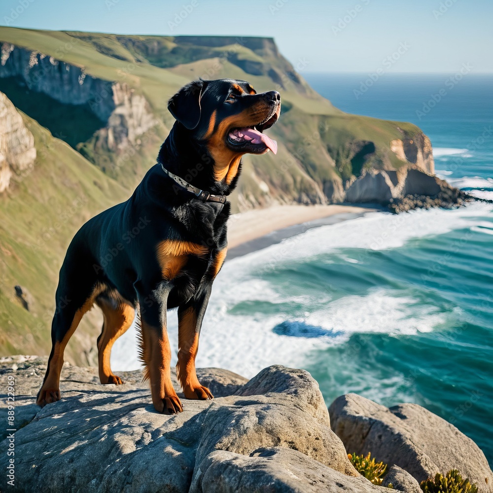 Rottweiler dog standing proudly on a cliff overlooking dramatic ocean cliffs and crashing waves Rottweiler dog standing proudly on a cliff overlooking dramatic ocean cliffs and crashing waves