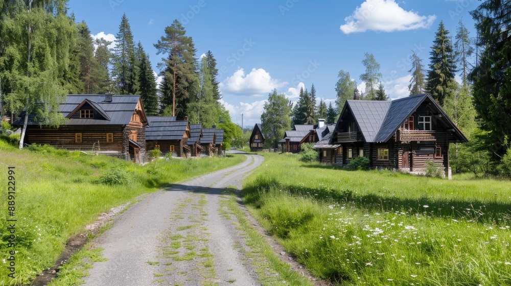 A row of wooden cabins, painted red, with green lawns, a paved road, and lush forest in the background on a bright, sunny day A row of wooden cabins, painted red, with green lawns, a paved road, and lush forest in the background on a bright, sunny day