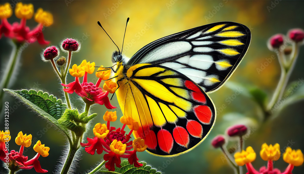 Obraz premium A Common Jezebel butterfly with vibrant yellow, red, and black wings