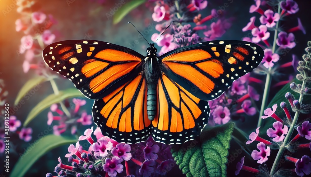 Naklejka premium A monarch butterfly with vibrant orange and black wings