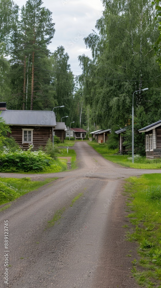 A row of wooden cabins, painted red, with green lawns, a paved road, and lush forest in the background on a bright, sunny day A row of wooden cabins, painted red, with green lawns, a paved road, and lush forest in the background on a bright, sunny day
