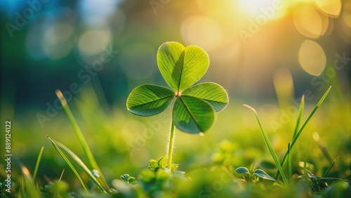 A single four-leaf clover growing in the grass symbolizes good fortune and luck on St. Patrick's Day. The background is blurred to emphasize the clovers.