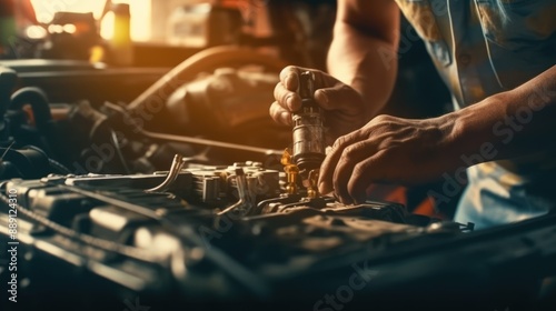 Mechanic Working on Car Engine