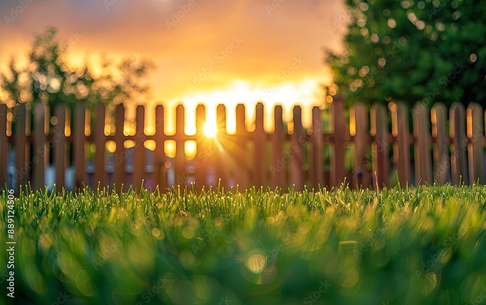 Beautiful backyard with lawn and wooden picket fence and sunset sky, 8K, PROFFESIONAL photography, BOKEH BLUR, contrast, vibrant Beautiful backyard with lawn and wooden picket fence and sunset sky, 8K, PROFFESIONAL photography, BOKEH BLUR, contrast, vibrant
