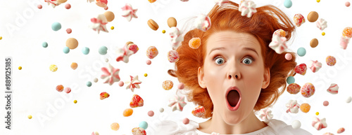 Surprised Redhead Woman Surrounded by Colorful Sweets and Candies Against White Background