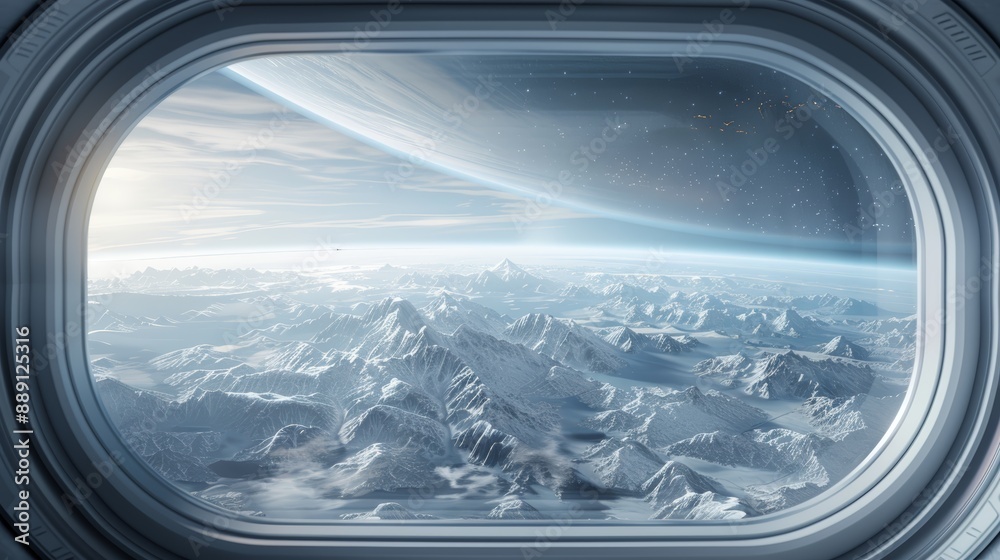 Breathtaking view of icy planet and distant ringed gas giant from spaceship window. Futuristic space exploration and interplanetary travel concept. Breathtaking view of icy planet and distant ringed gas giant from spaceship window. Futuristic space exploration and interplanetary travel concept.