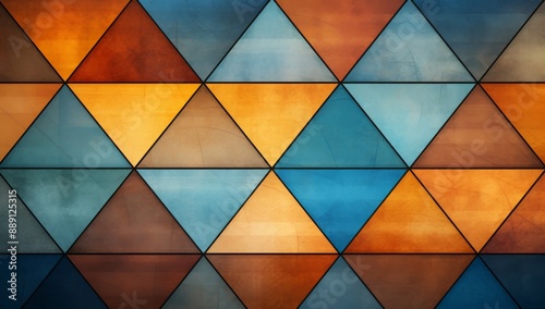 Geometric pattern wallpaper with vintage blue, yellow, orange, and brown triangles created using digital art techniques and geometric shapes