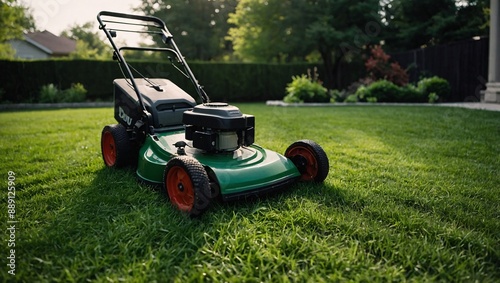 Backyard lawn mower cutting green grass