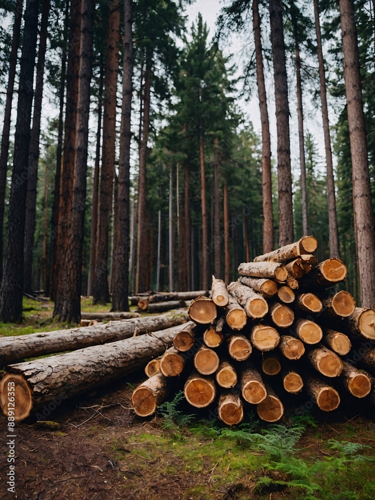 Banner of forest pine and spruce trees with stacked log trunks Banner of forest pine and spruce trees with stacked log trunks