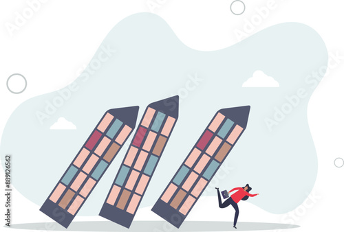 Real estate or property debt crisis causing domino effect, housing and stock market or investment asset fall down concept.flat design.illustration with people.