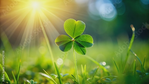 A single four-leaf clover growing in the grass symbolizes good fortune and luck on St. Patrick's Day. The background is blurred to emphasize the clovers.