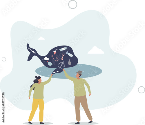 Ocean pollution and plastic concentration as whale danger .flat design.illustration with people.