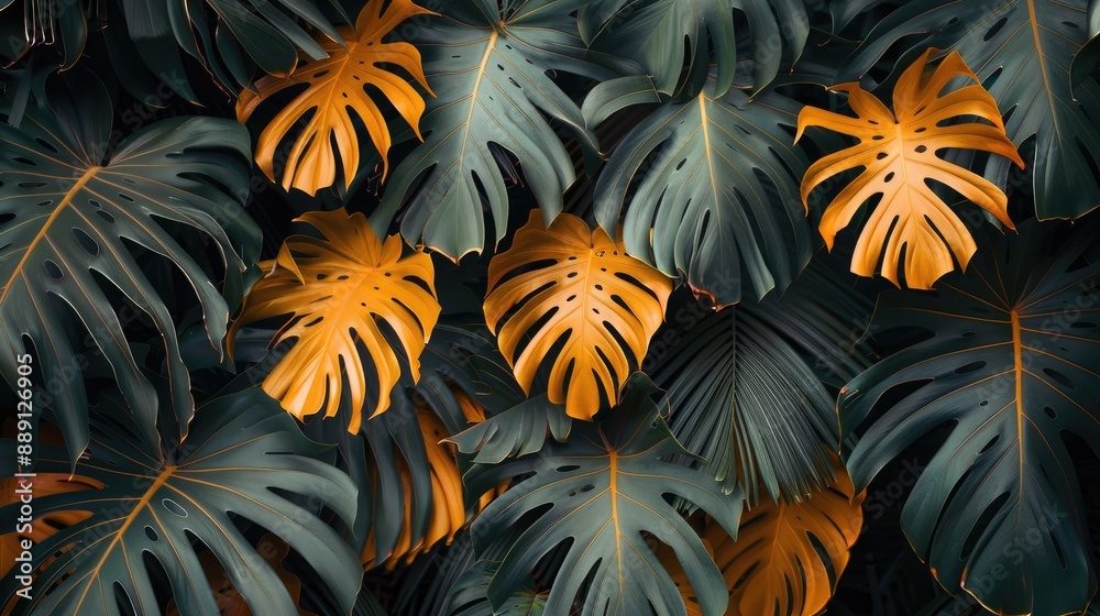 Tropical and palm orange leaves. Minimalistic summer abstract pattern in the jungle or forest.