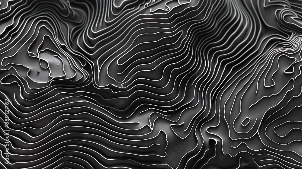 A black and white topographic map with wavy contour lines and geographic features A black and white topographic map with wavy contour lines and geographic features